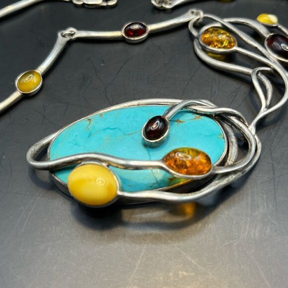 Turquoise and multi color Amber 925 Art Deco design necklace. - Picture 5 of 8